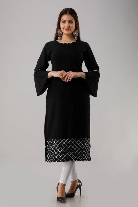 Women Embellished, Solid Cotton Blend Straight Kurta  (Black)