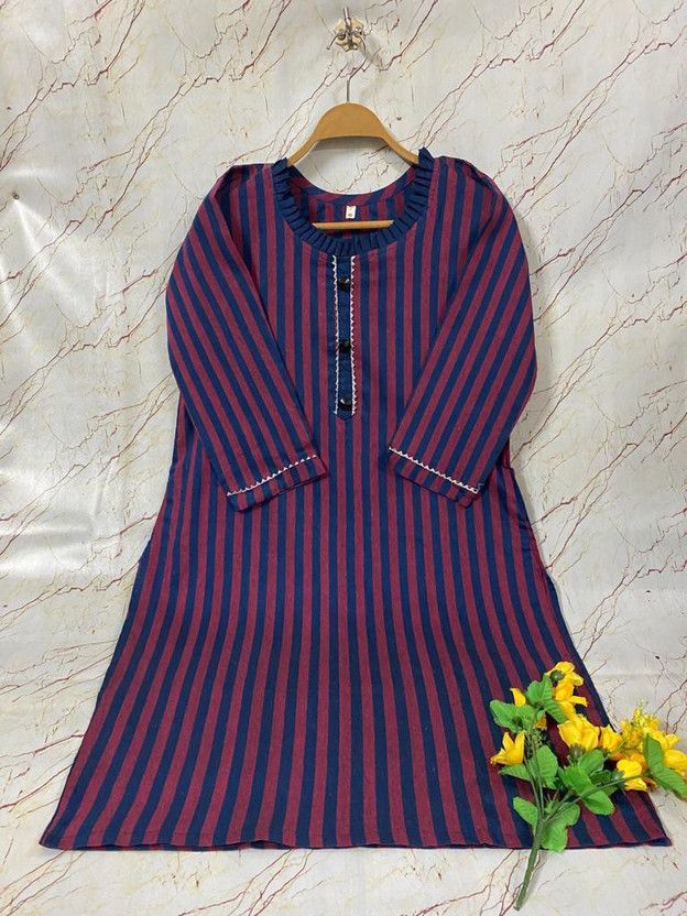 Women Striped Khadi Cotton Straight Kurta  (Blue, Red)