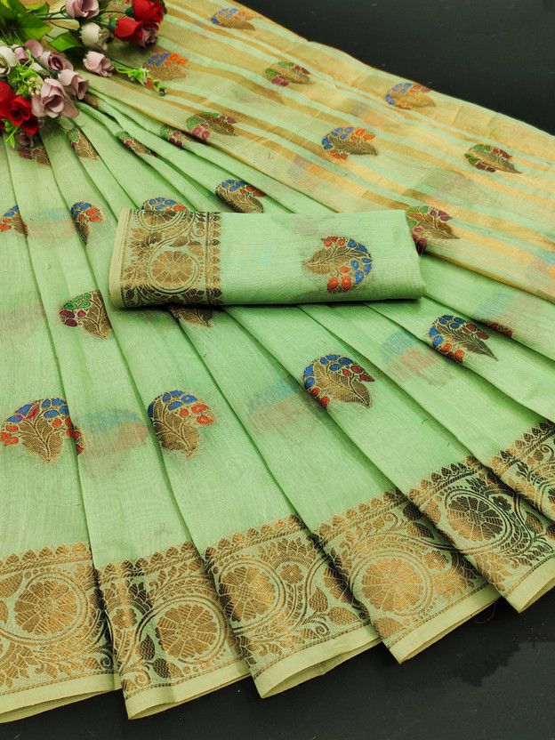 Self Design Banarasi Jacquard, Cotton Silk Saree  (Light Green)