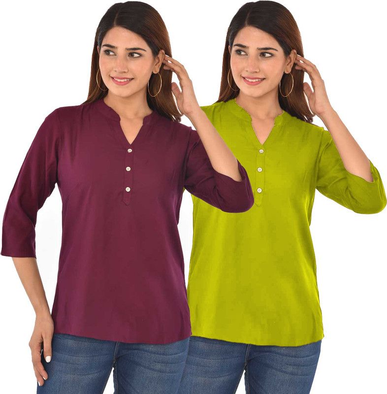 Pack of 2 Casual Regular Sleeves Solid Women Maroon, Green Top