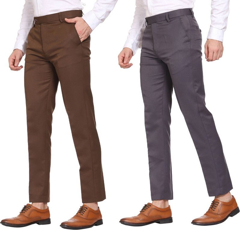 Pack of 2 Men Regular Fit Brown, Grey Polycotton Trousers