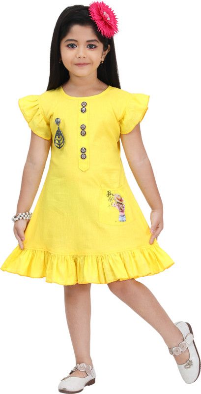 Girls Midi/Knee Length Casual Dress  (Yellow, Cap Sleeve)