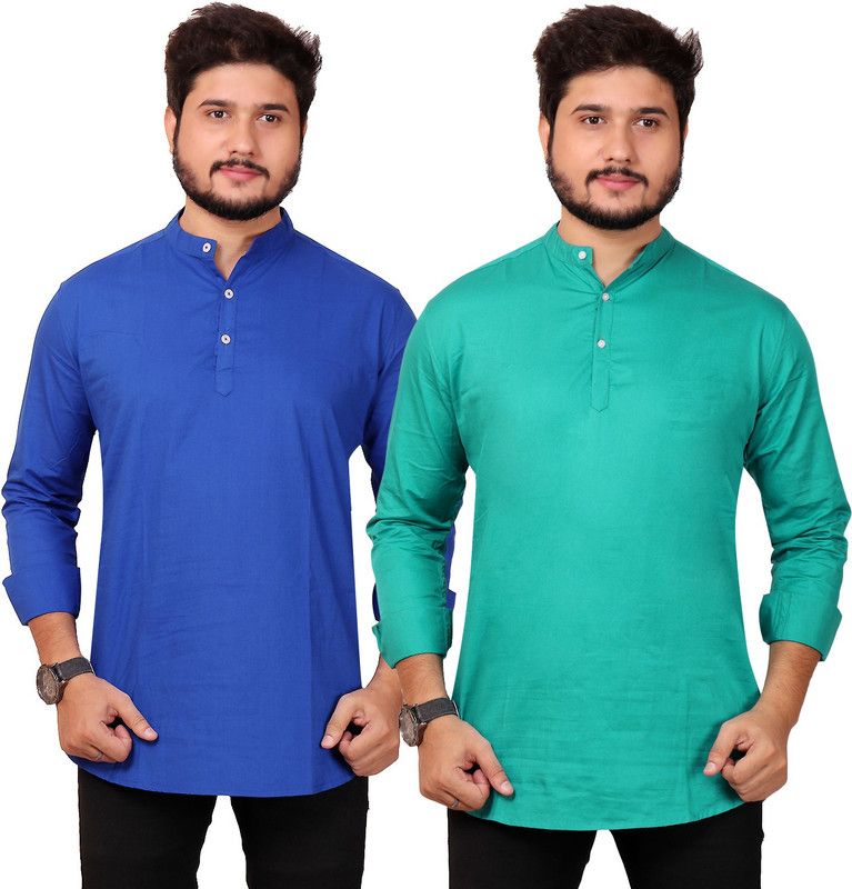 Pack of 2 Men Solid Cotton Blend High Low Kurta  (Green, Blue)