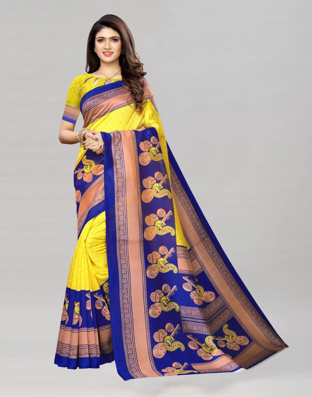 Printed Kanjivaram Cotton Silk Saree  (Yellow)