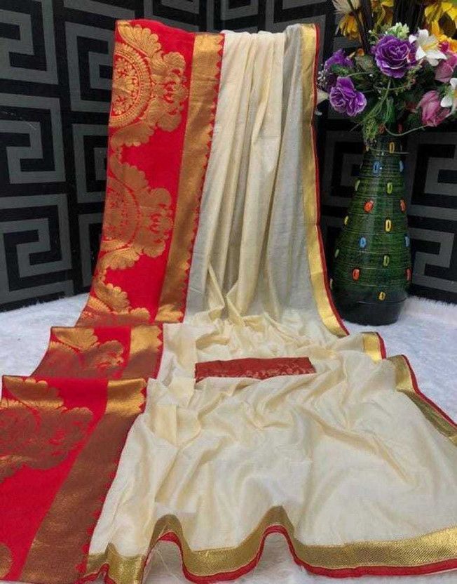 Self Design Banarasi Chanderi Saree  (Red, Cream)