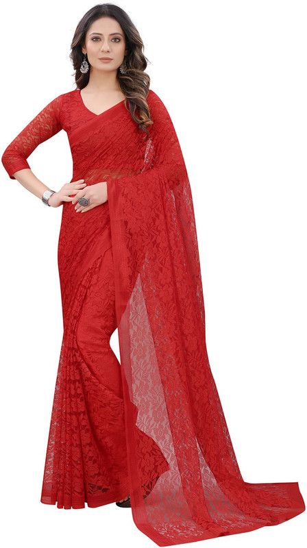 Self Design Bollywood Net, Brasso Saree  (Red)