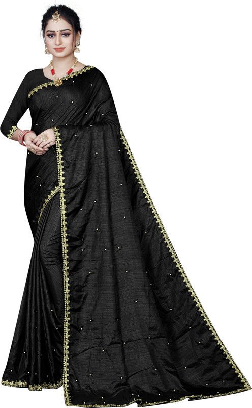 Embroidered Banarasi Lace Saree  (Black)
