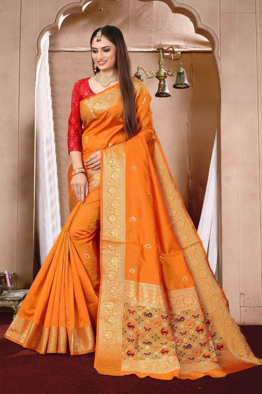 Banarasi Jacquard, Pure Silk Saree  (Orange)