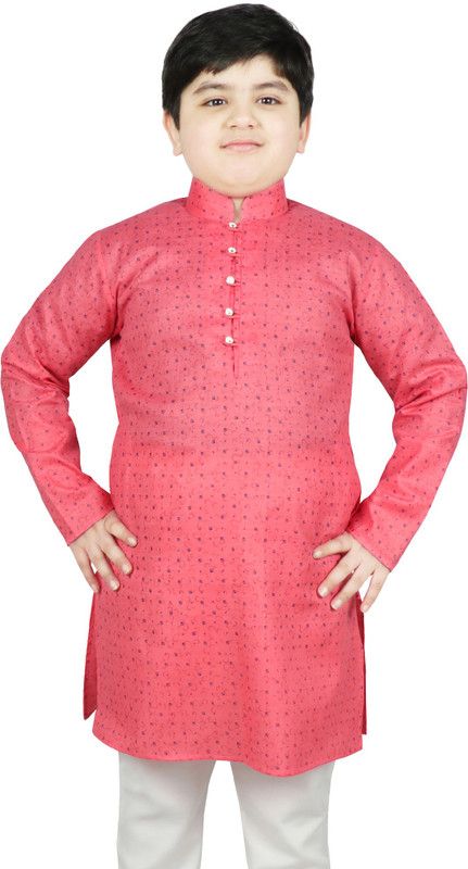 Boys Printed Cotton Blend Straight Kurta  (Pink)