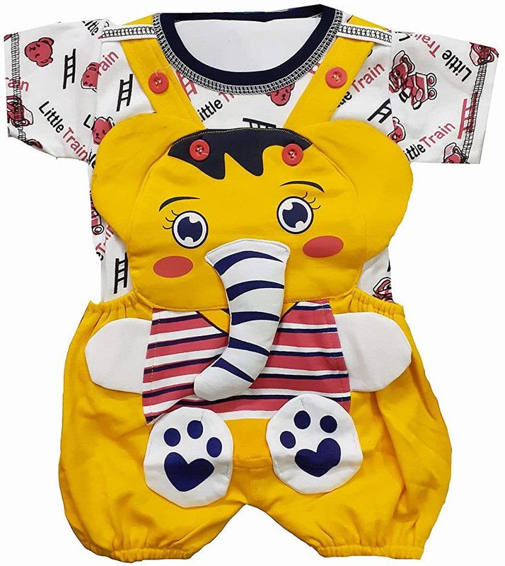 Dungaree For Boys & Girls Casual Printed Cotton Blend  (Yellow, Pack of 1)