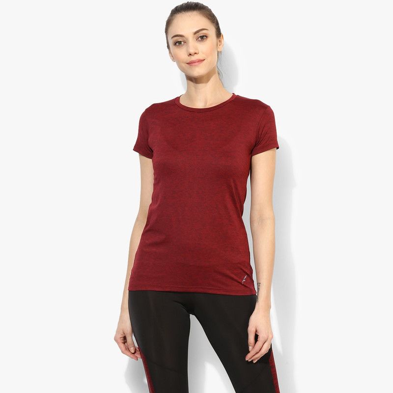 Women Sporty Round Neck Polyester Maroon T-Shirt