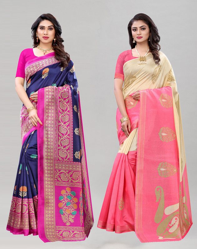 Woven Banarasi Silk Blend Saree  (Pack of 2, Pink)