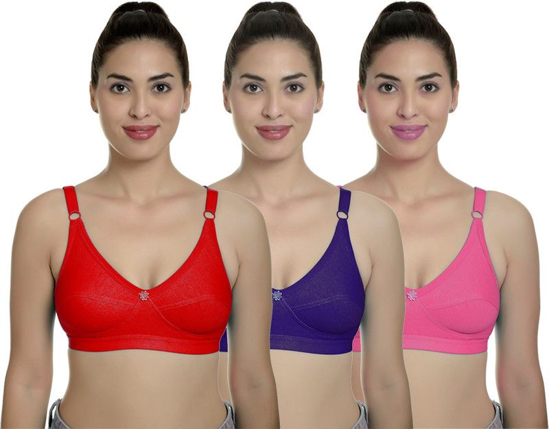 PIBU Bra Women Full Coverage Non Padded Bra  (Dark Blue, Red, Orange)