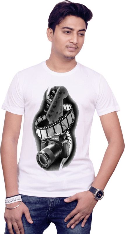 1691 Men Graphic Print Round Neck Polyester White T-Shirt