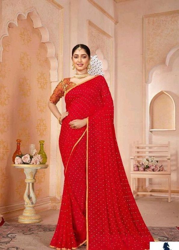 Embroidered Banarasi Chiffon Saree  (Red)