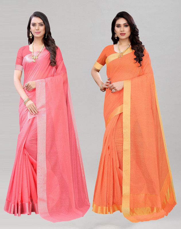 Self Design Banarasi Cotton Silk Saree  (Pack of 2, Pink, Orange)
