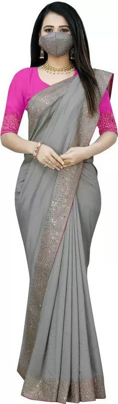 Embellished Chanderi Art Silk Saree  (Grey)