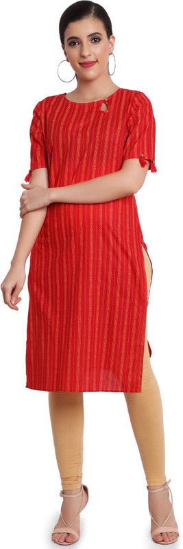 Women Ikat Pure Cotton Straight Kurta  (Red)