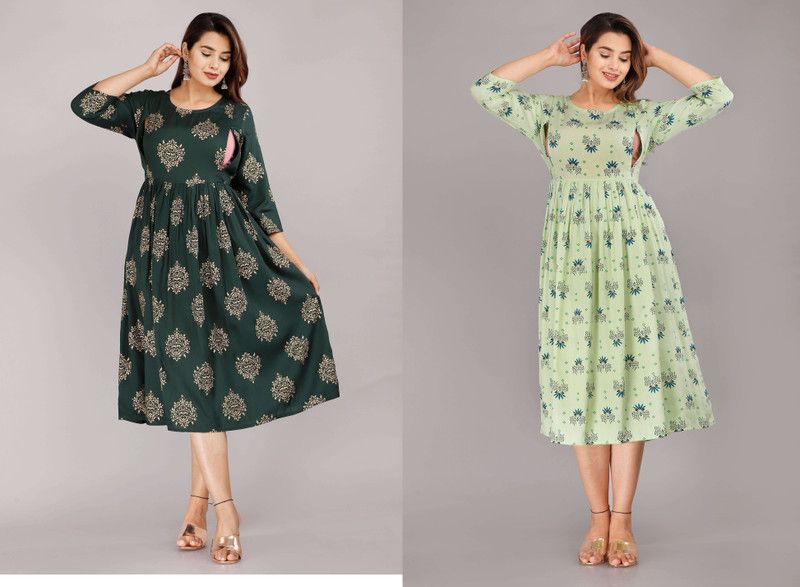 Pack of 2 Women Printed Viscose Rayon Flared Kurta  (Green, Light Green)