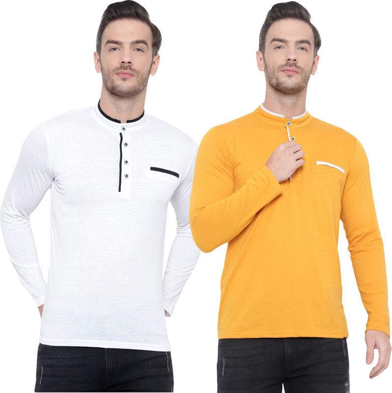 Pack of 2 Men Solid Mandarin Collar Cotton Blend White, Yellow T-Shirt