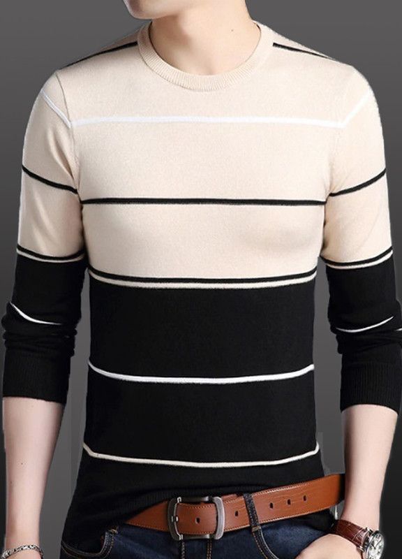 Boys Striped Cotton Blend T Shirt  (Beige, Pack of 1)