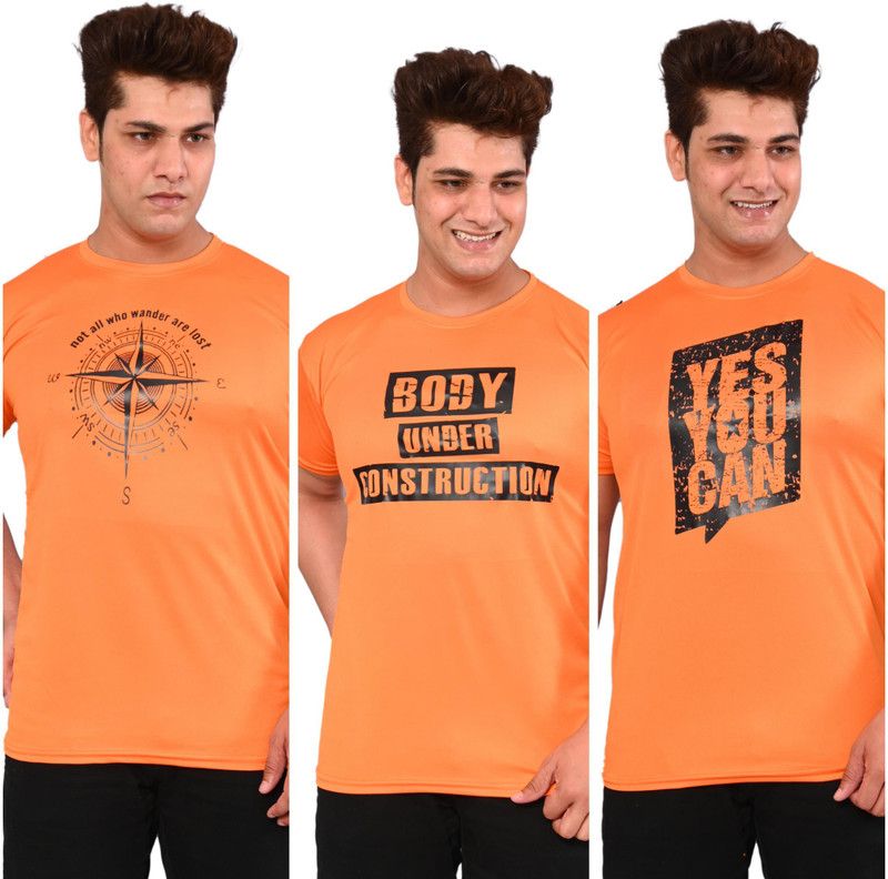 Pack of 3 casual tshirt Men Printed Round Neck Elastane Orange T-Shirt