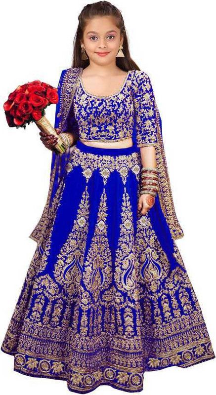 Girls Lehenga Choli Western Wear Embroidered Lehenga, Choli and Dupatta Set  (Light Blue, Pack of 1)