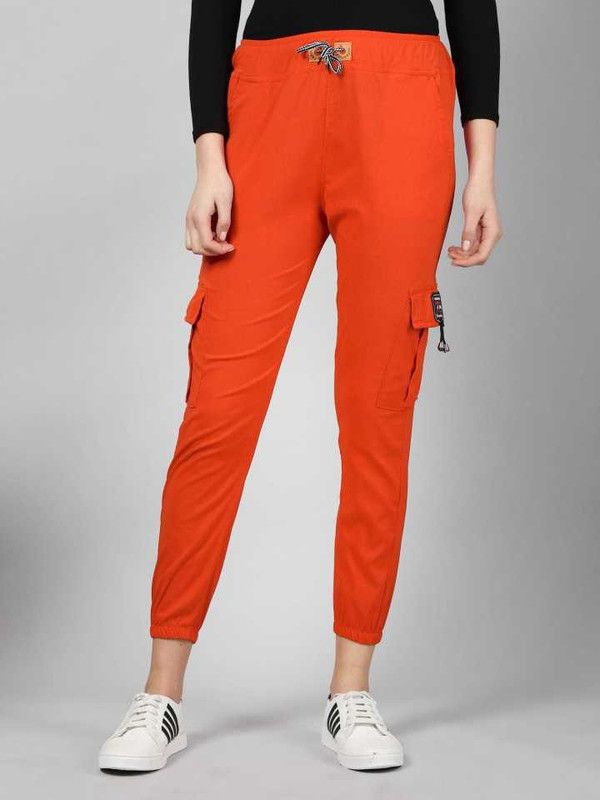 Women Regular Fit Orange Crepe Trousers