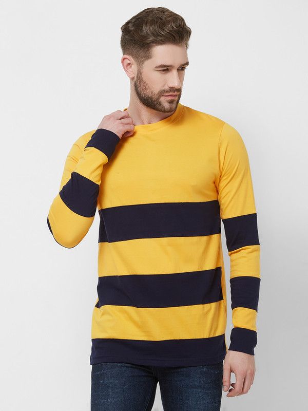 Men Checkered Round Neck Pure Cotton Blue, Yellow T-Shirt