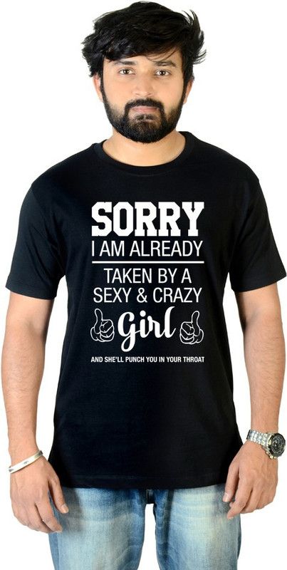Sorry Girls Men Printed Round Neck Pure Cotton Black T-Shirt