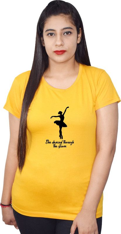 Dancing Doll Printed Women's Casual Round Neck Short Sleeve Solid Basic T shirt | black Top for women |Cotton T shirt | Top for women | Devotional T shirt Women Printed Round Neck Cotton Blend Yellow T-Shirt