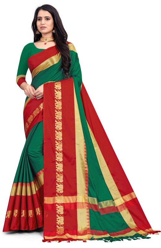 Woven Ikkat Cotton Silk Saree  (Green, Red)