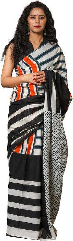 Printed, Color Block, Blocked Printed Daily Wear Pure Cotton Saree  (White, Black, Orange)