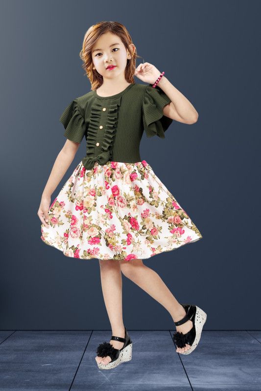 Girls Midi/Knee Length Casual Dress  (Dark Green, Fashion Sleeve)