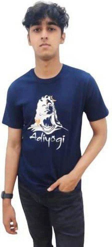 Designer T-Shirts | Adiyogi | Buddha | Chakras | Cotton (Medium, Adiyogi | Blue) Men Solid Round Neck Cotton Blend Multicolor T-Shirt