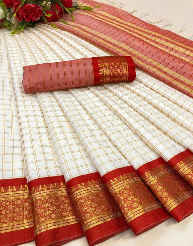 Checkered Fashion Silk Blend Saree  (White)