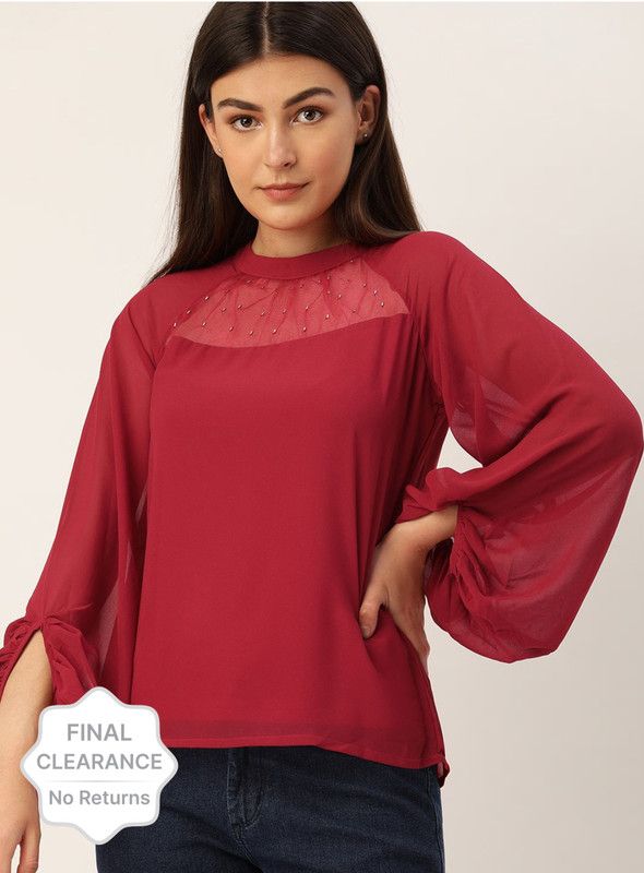 Formal Regular Sleeves Self Design Women Red Top