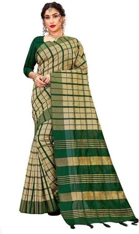 Checkered Banarasi Art Silk Saree  (Green)