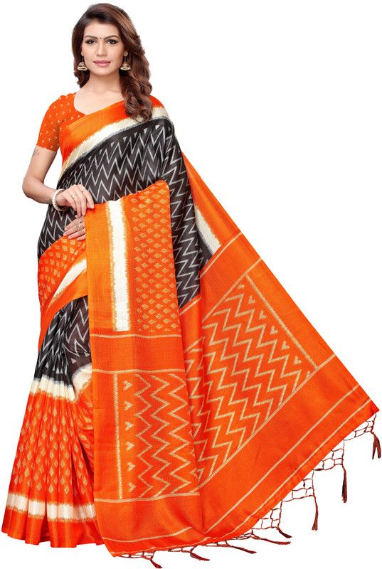 Printed Ikkat Cotton Blend Saree  (Orange, Black)