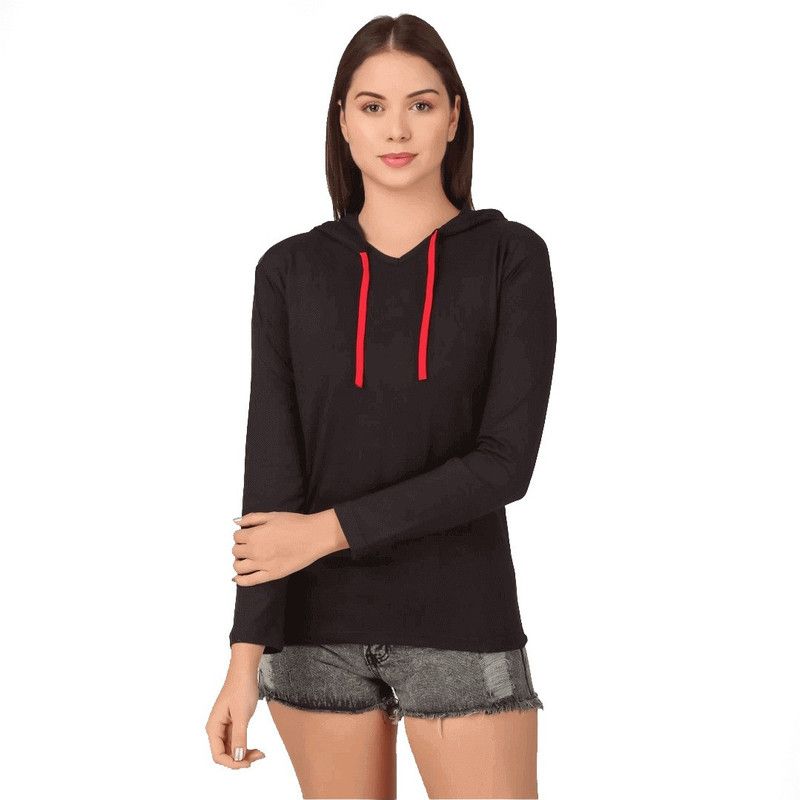 Plain Hood Tshirt Women Solid Hooded Neck Cotton Blend Black T-Shirt