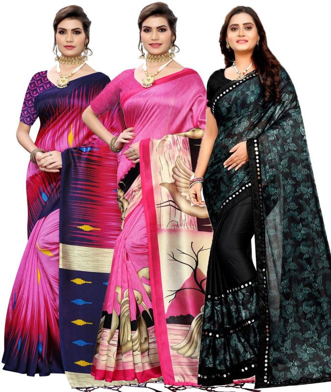 Embellished Patola Lycra Blend, Art Silk Saree  (Pack of 3, Pink, Black)