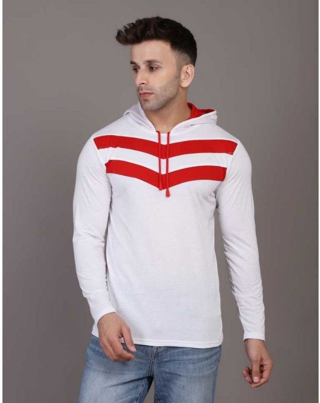 Men Striped Hooded Neck Cotton Blend White T-Shirt