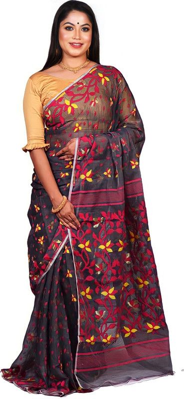 Embroidered Jamdani Cotton Silk Saree  (Black, Pink)