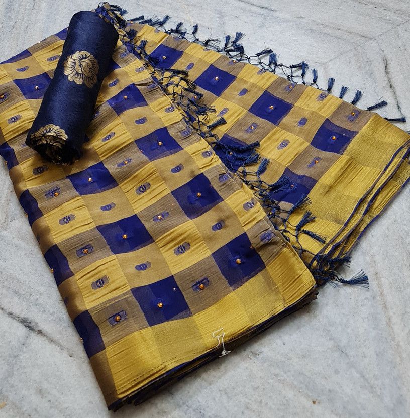 Self Design, Woven, Checkered Bollywood Organza, Chiffon Saree  (Blue, Cream)