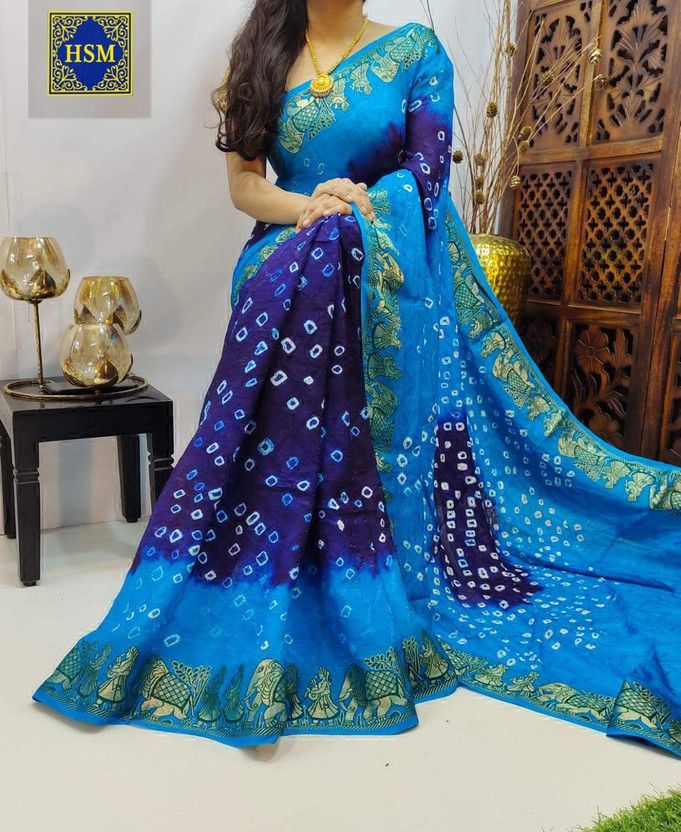 Printed, Self Design Bandhani Art Silk Saree  (Dark Blue)