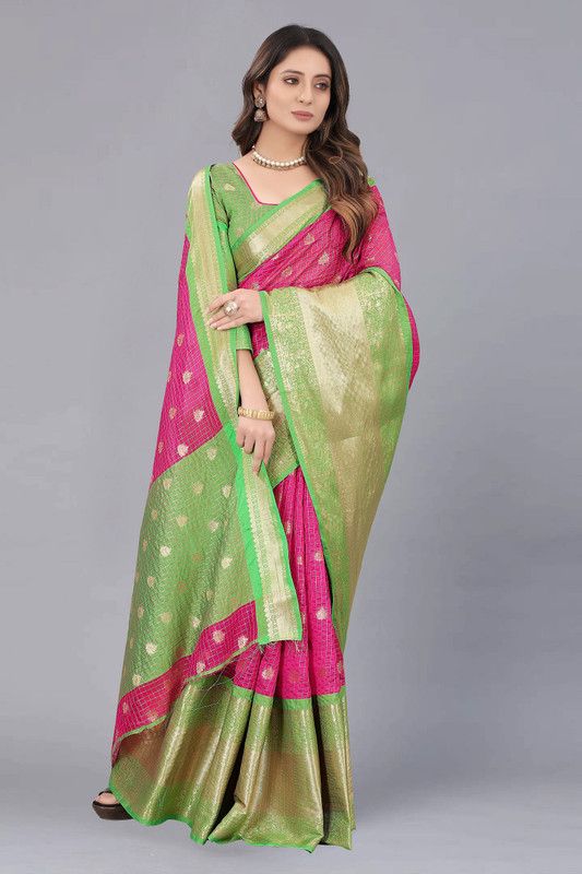Kanjivaram Organza, Jacquard Saree  (Green, Pink)