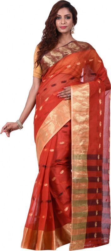 Self Design, Striped Jamdani Pure Cotton Saree  (Red)