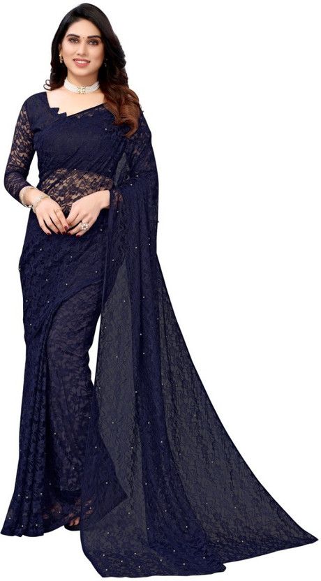 Printed, Solid/Plain Banarasi Net Saree  (Dark Blue)