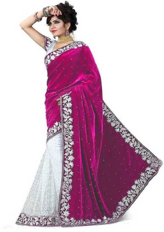 Embellished Bollywood Velvet, Net Saree  (White, Pink)