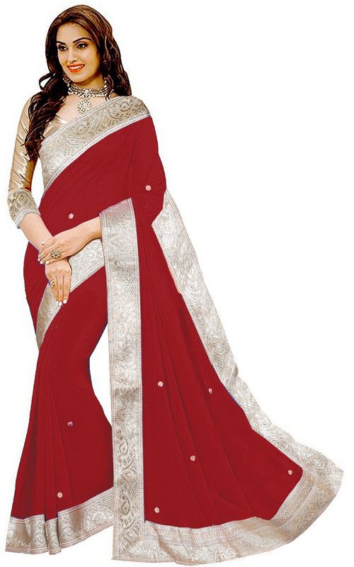 Embellished Bollywood Chiffon Saree  (Red, Gold)